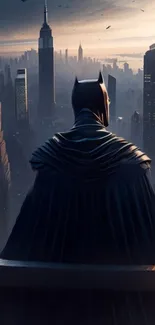 Superhero overlooking a dramatic, gothic urban skyline at dusk.