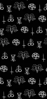 Black wallpaper featuring Gothic symbols and pentagrams pattern.