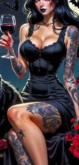 Gothic tattooed woman with black cats in a colorful, dark-themed setting.
