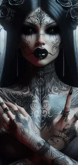 Gothic tattooed woman with dark hair and intricate tattoos in a mysterious setting.