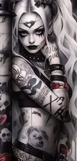 Gothic tattooed woman with black and white theme, featuring intricate designs.