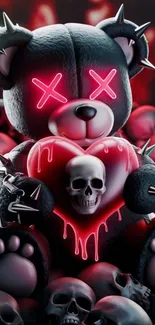 Gothic teddy bear with skull heart and neon eyes.