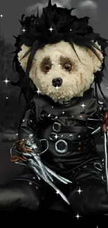 Gothic teddy bear with scissors on a dark background.