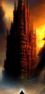 Gothic tower against a fiery sunset in a fantasy setting.