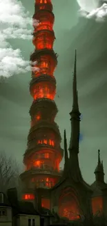 Gothic tower silhouetted against a moonlit sky, creating a fantasy-themed wallpaper.