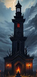 Dark gothic tower under stormy sky with lightning and glowing windows.