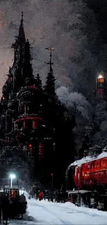 Steam train under a blood moon in a gothic landscape at night.