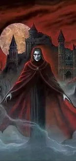 Gothic vampire figure in red cloak, moonlit castle background with wolves.