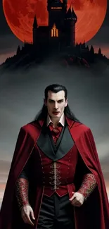 Vampire in gothic attire before a castle with a red moon.