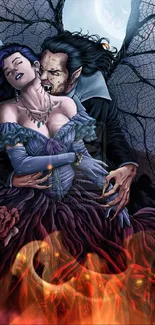 Gothic vampire couple in mystical embrace under moonlight