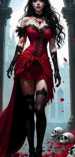 Gothic vampire in red dress with skulls