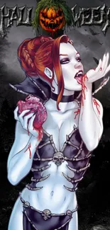 Gothic vampire holding heart in Halloween art.