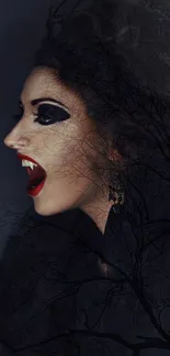 Gothic vampire with red lips on dark wallpaper.