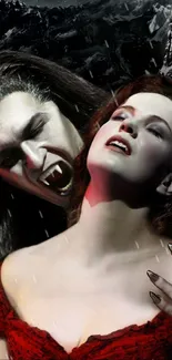 Gothic vampire embracing a woman under a dark, mysterious castle.