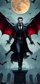 Gothic vampire with wings in a moonlit cemetery.