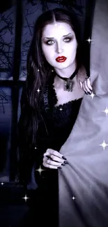 Gothic vampire with red lips in dark setting, perfect wallpaper.