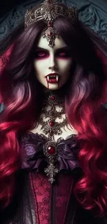 Gothic vampire queen with crimson hair and ornate jewelry.