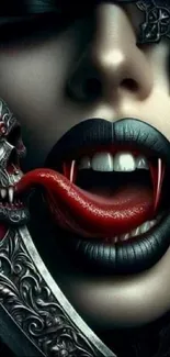 Gothic vampire wallpaper with fanged mouth and ornate sword design.