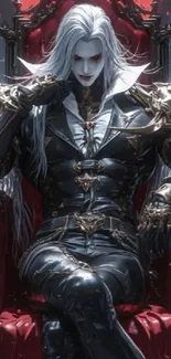 Gothic vampire sitting on a throne with red accents.
