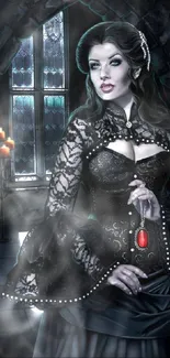 Gothic vampiress in lace dress with a mystical red gemstone.