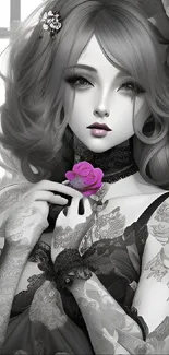 Gothic vintage doll with purple rose, grayscale art.