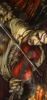 Gothic violinist surrounded by candles, playing violin in fantasy setting.