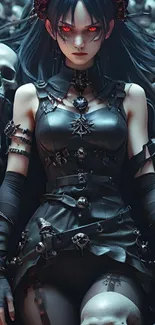 Gothic warrior with red eyes amidst skulls.