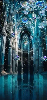 Gothic cathedral with blue reflections and mystical ambiance.