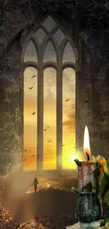 Gothic window with glowing candle and sunset view on mobile wallpaper.