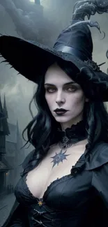 Gothic witch in dark attire with hat and smoke around.