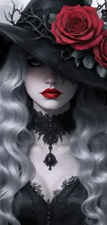 Gothic witch with red roses and silver hair.