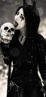 Gothic woman with horns holding a skull in monochrome.