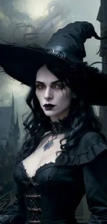 Gothic witch in dark attire with a mystical background.