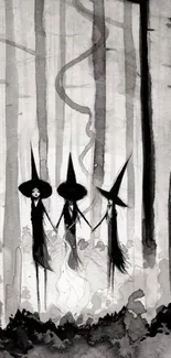 Three witches in a mystical forest, monochrome art.