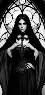 Gothic woman with ornate necklace in monochrome stained glass setting.