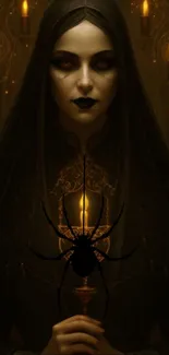 Gothic woman holding a candle with dark, mystical background.