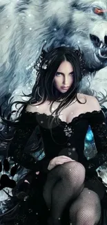 Gothic woman with black outfit sitting beside a fierce white wolf.