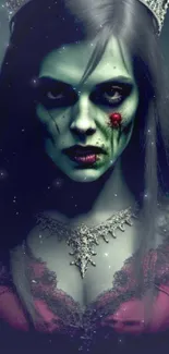 Gothic zombie queen with a crown and red dress, eerie and dark theme.