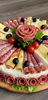 Antipasto cake with meats, cheeses, tomatoes, and olives beautifully arranged.