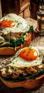 Crispy toast topped with eggs and mushrooms, styled on rustic wood.