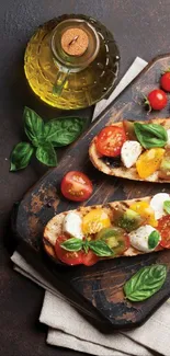 Gourmet bruschetta with tomatoes, mozzarella, and basil on a rustic board.