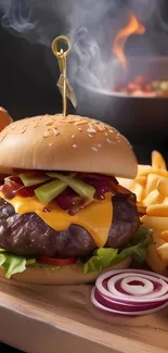 Gourmet burger with cheese and fries set on a rustic wooden board amidst flames.