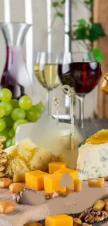 A vibrant wine and cheese display with grapes, nuts, and honey on a wooden table.
