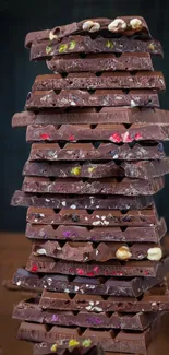 Stack of gourmet chocolate bars with nuts and berries on a dark background.