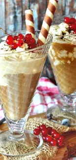 Elegant dessert glasses with whipped cream and berries.