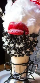 Whimsical dessert shake with cotton candy and berries.