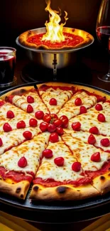 Gourmet pizza with tomatoes and wine in a vibrant setting.
