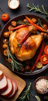 A gourmet roast chicken surrounded by colorful vegetables and herbs.