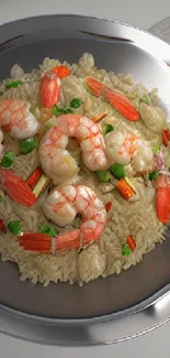 Delicious shrimp and rice dish in a silver plate on a phone wallpaper.