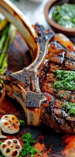Juicy gourmet steak with green sauce and vegetables.